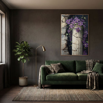Purple Clematis Cracked Column Gothic wall art in a moody dark academia room – purple clematis flowers and vines