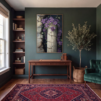 Purple Clematis Cracked Column Gothic wall art in a moody dark academia room – purple clematis flowers and vines