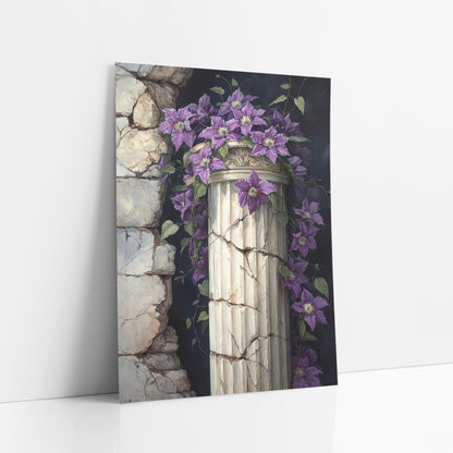 Purple Clematis Cracked Column Gothic art print leaning against a white wall – purple clematis flowers and vines wrapped