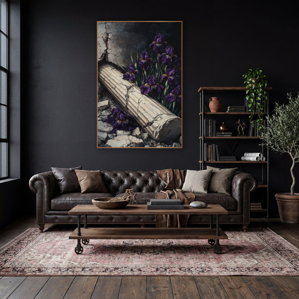 Fallen Column Purple Iris Gothic wall art in a moody dark academia room – deep purple irises beside a fallen cream