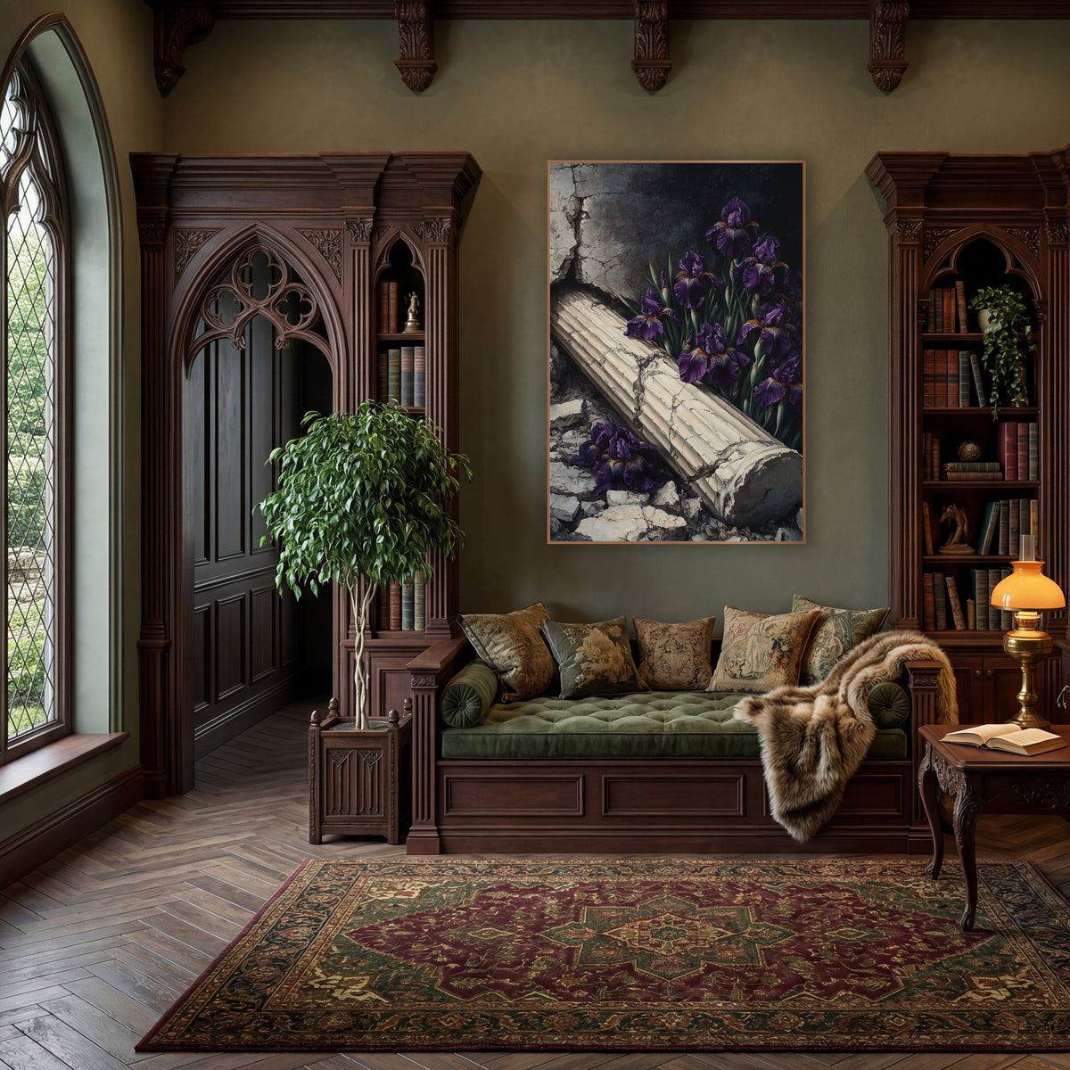 Fallen Column Purple Iris Gothic wall art in a moody dark academia room – deep purple irises beside a fallen cream