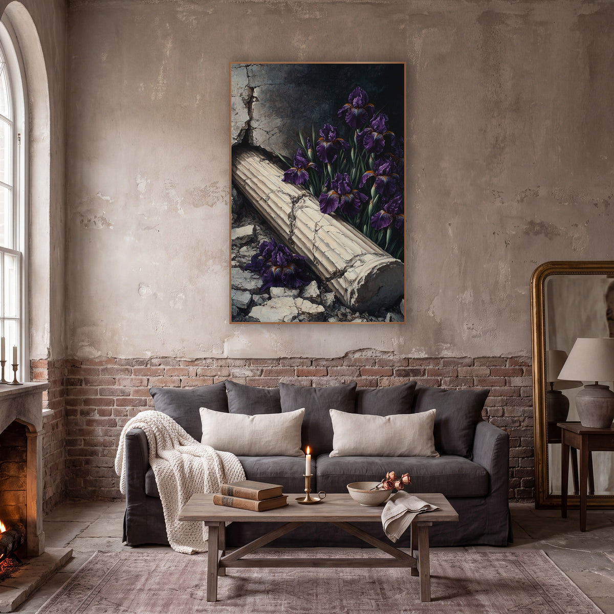 Fallen Column Purple Iris Gothic wall art in a moody dark academia room – deep purple irises beside a fallen cream
