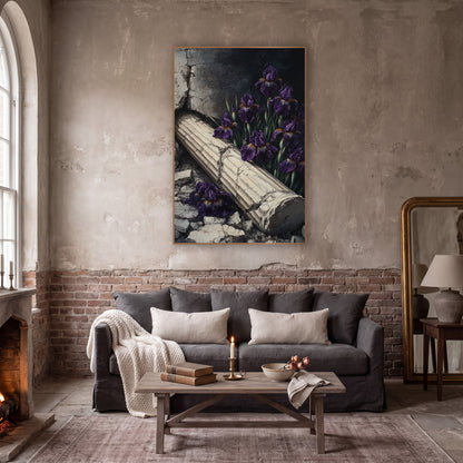 Fallen Column Purple Iris Gothic wall art in a moody dark academia room – deep purple irises beside a fallen cream