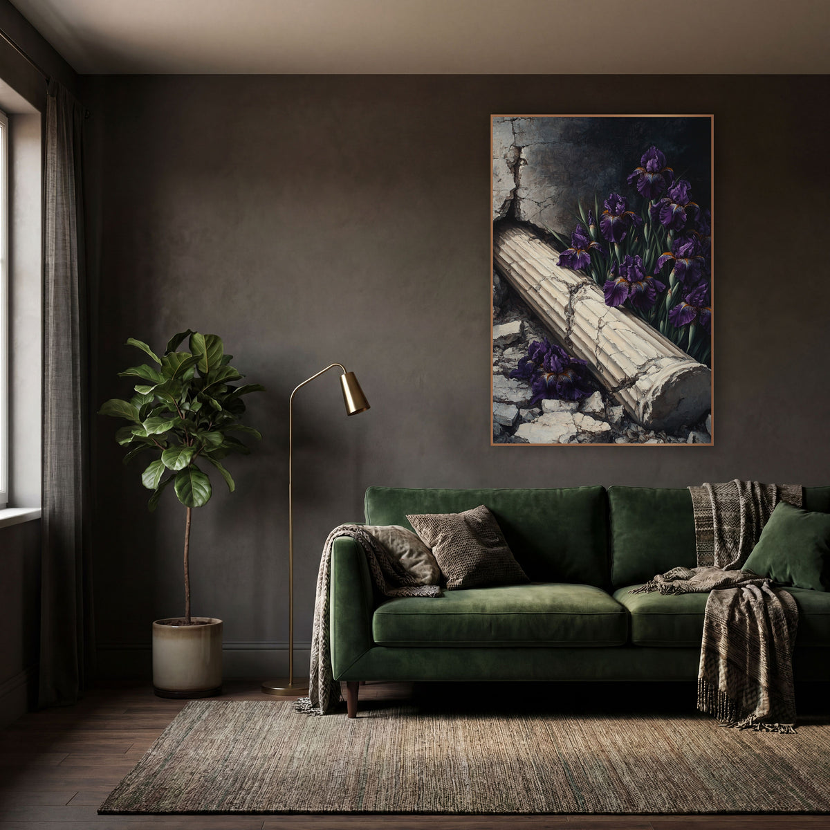 Fallen Column Purple Iris Gothic wall art in a moody dark academia room – deep purple irises beside a fallen cream