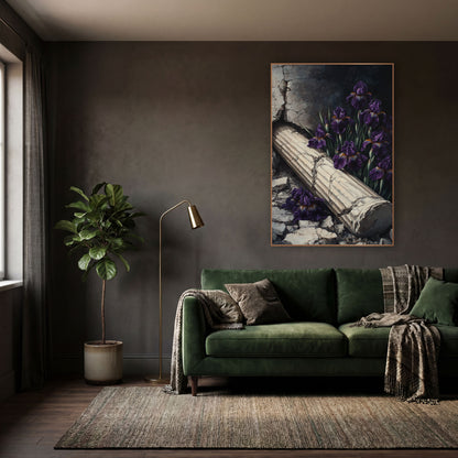 Fallen Column Purple Iris Gothic wall art in a moody dark academia room – deep purple irises beside a fallen cream