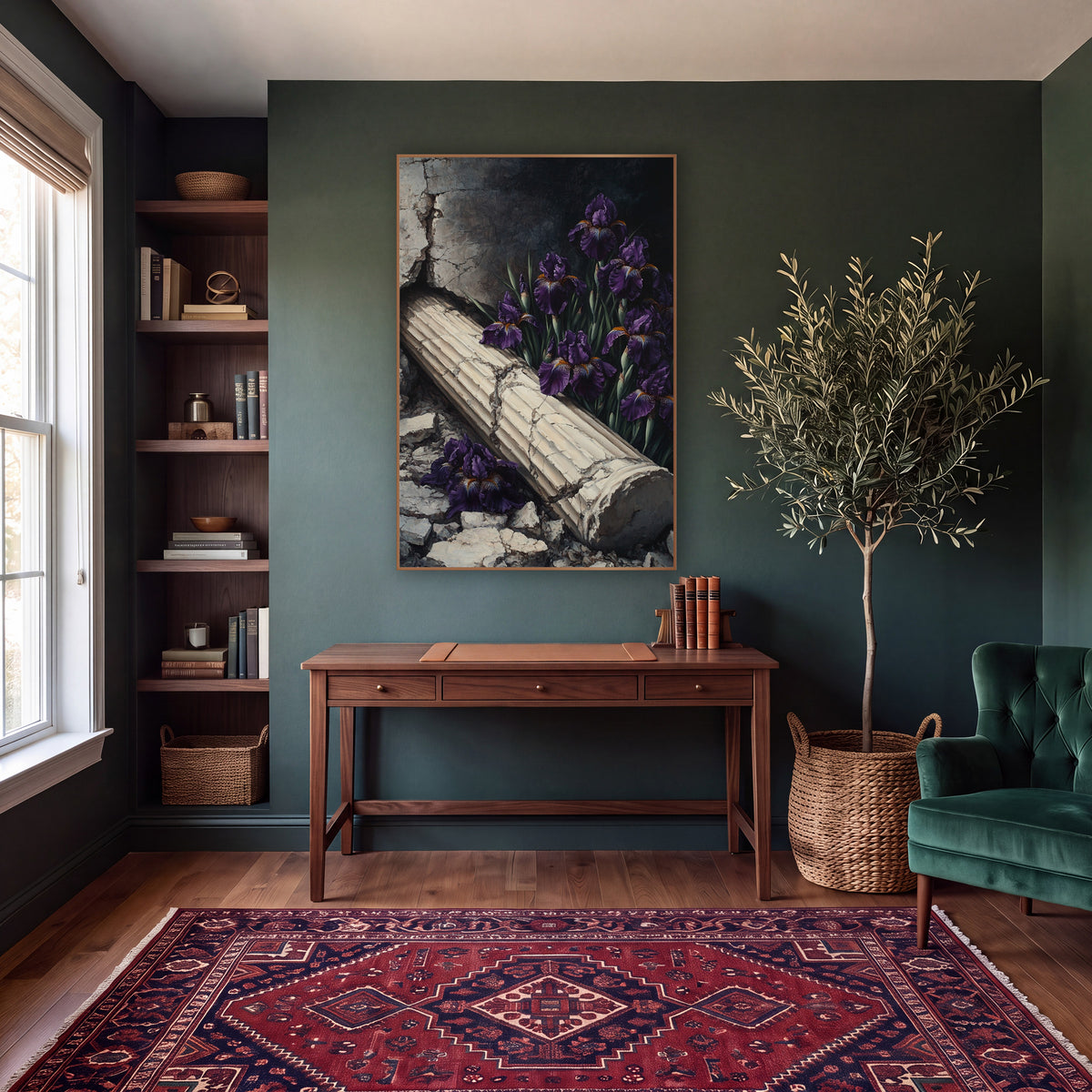 Fallen Column Purple Iris Gothic wall art in a moody dark academia room – deep purple irises beside a fallen cream