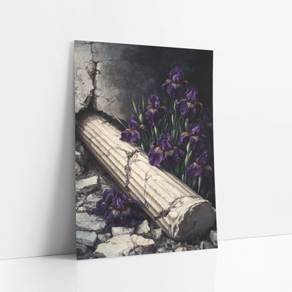 Fallen Column Purple Iris Gothic art print leaning against a white wall – deep purple irises beside a fallen cream fluted
