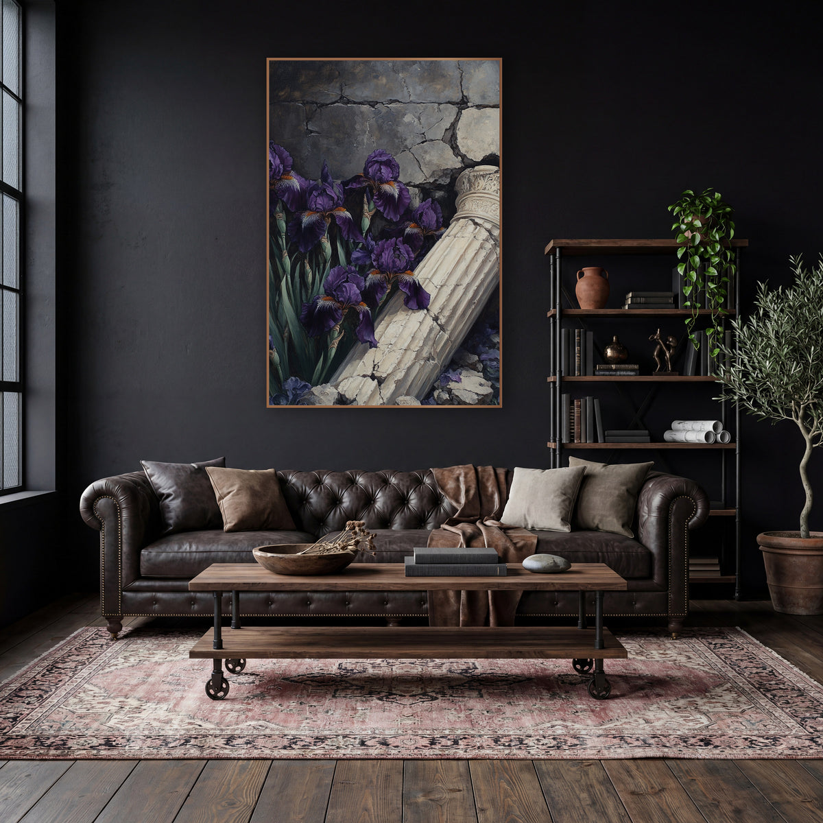 Ornate Capital Iris Cracked Wall wall art in a moody dark academia room – deep purple irises beside a fallen cream