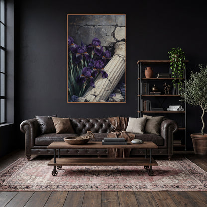 Ornate Capital Iris Cracked Wall wall art in a moody dark academia room – deep purple irises beside a fallen cream