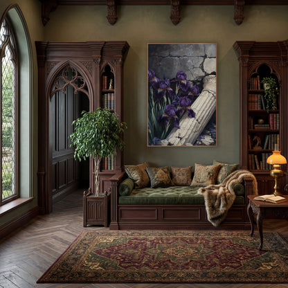 Ornate Capital Iris Cracked Wall wall art in a moody dark academia room – deep purple irises beside a fallen cream
