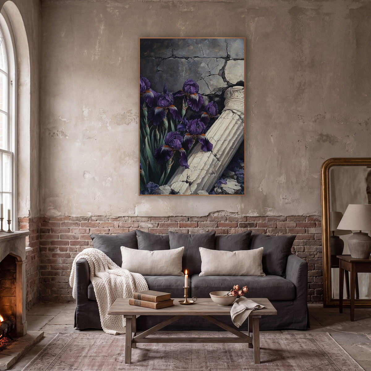 Ornate Capital Iris Cracked Wall wall art in a moody dark academia room – deep purple irises beside a fallen cream