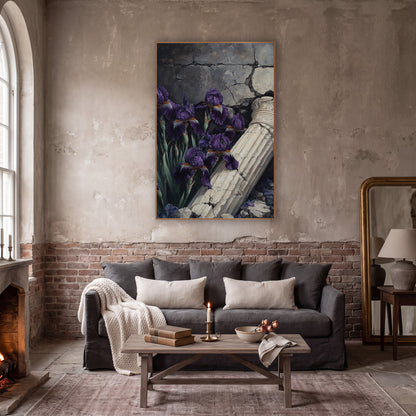 Ornate Capital Iris Cracked Wall wall art in a moody dark academia room – deep purple irises beside a fallen cream