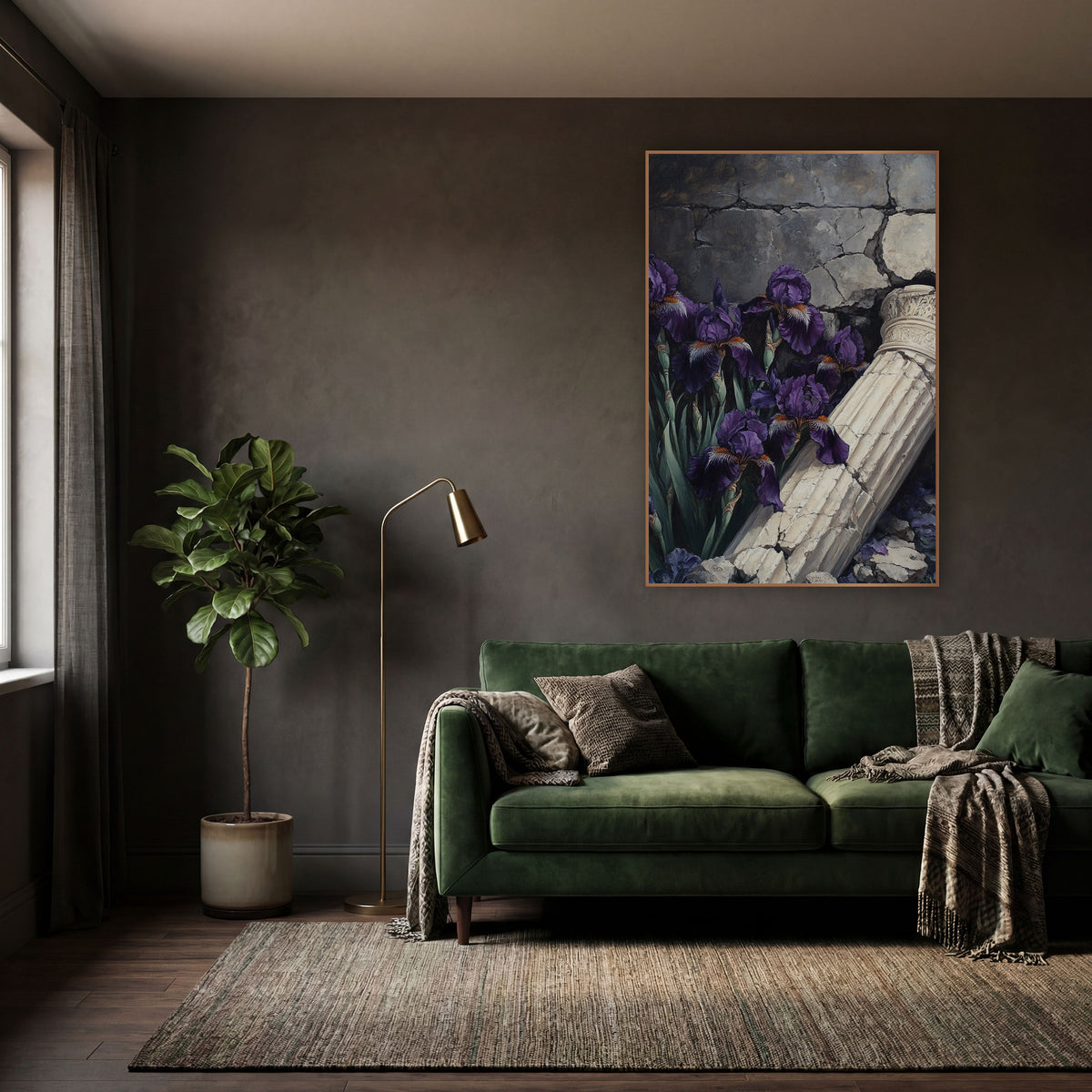 Ornate Capital Iris Cracked Wall wall art in a moody dark academia room – deep purple irises beside a fallen cream