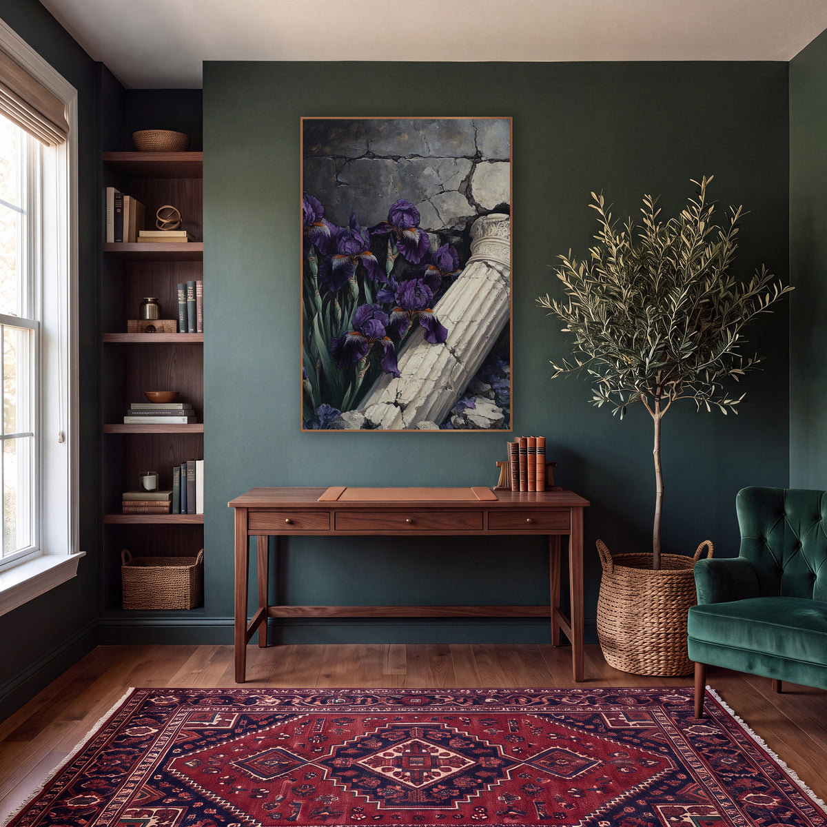 Ornate Capital Iris Cracked Wall wall art in a moody dark academia room – deep purple irises beside a fallen cream