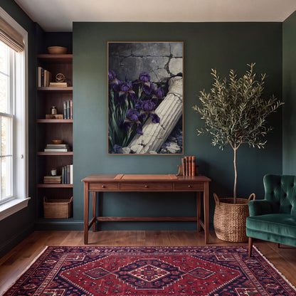 Ornate Capital Iris Cracked Wall wall art in a moody dark academia room – deep purple irises beside a fallen cream