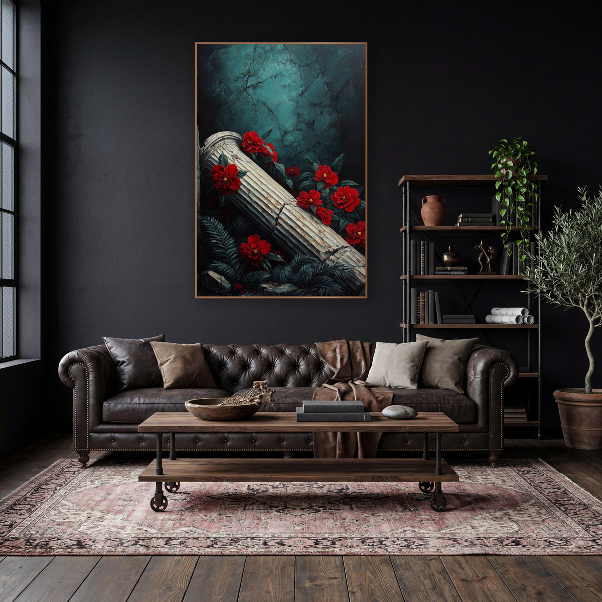 Crimson Camellia Fallen Column Gothic wall art in a moody dark academia room – fallen fluted column with red flowers