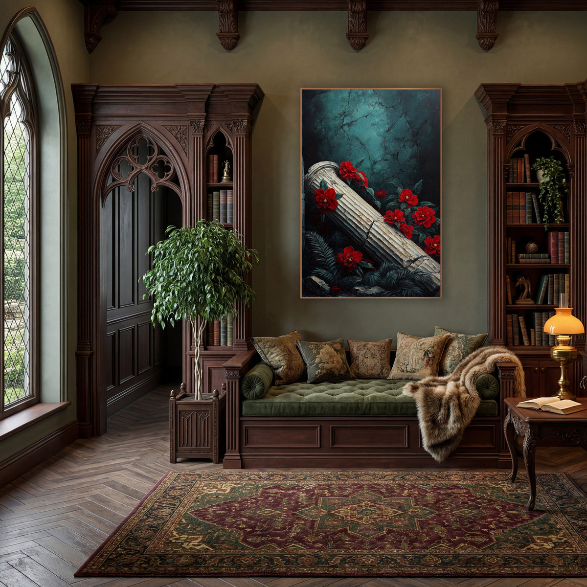 Crimson Camellia Fallen Column Gothic wall art in a moody dark academia room – fallen fluted column with red flowers