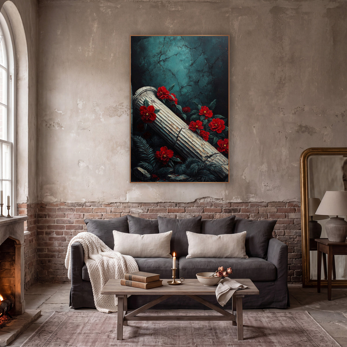 Crimson Camellia Fallen Column Gothic wall art in a moody dark academia room – fallen fluted column with red flowers