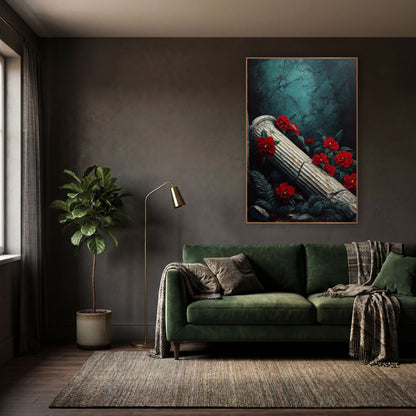 Crimson Camellia Fallen Column Gothic wall art in a moody dark academia room – fallen fluted column with red flowers