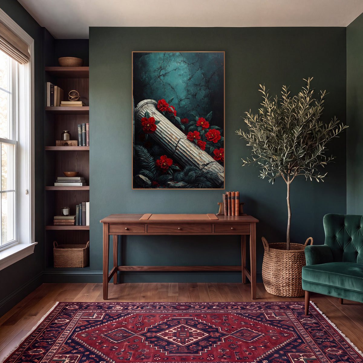 Crimson Camellia Fallen Column Gothic wall art in a moody dark academia room – fallen fluted column with red flowers