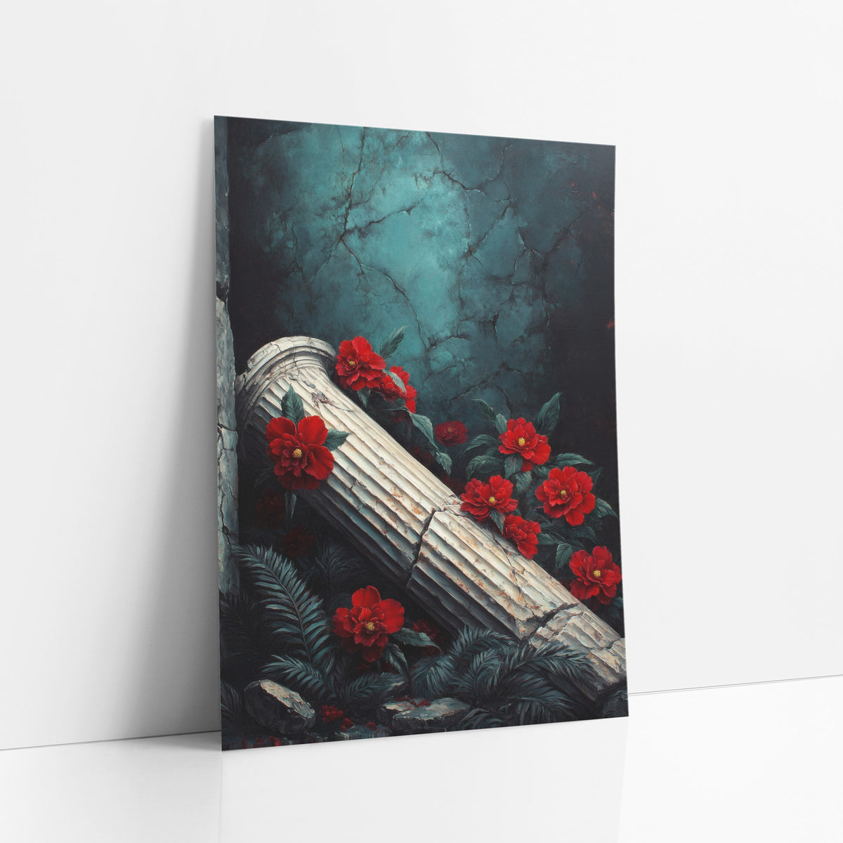Crimson Camellia Fallen Column Gothic art print leaning against a white wall – fallen fluted column with red flowers and dark