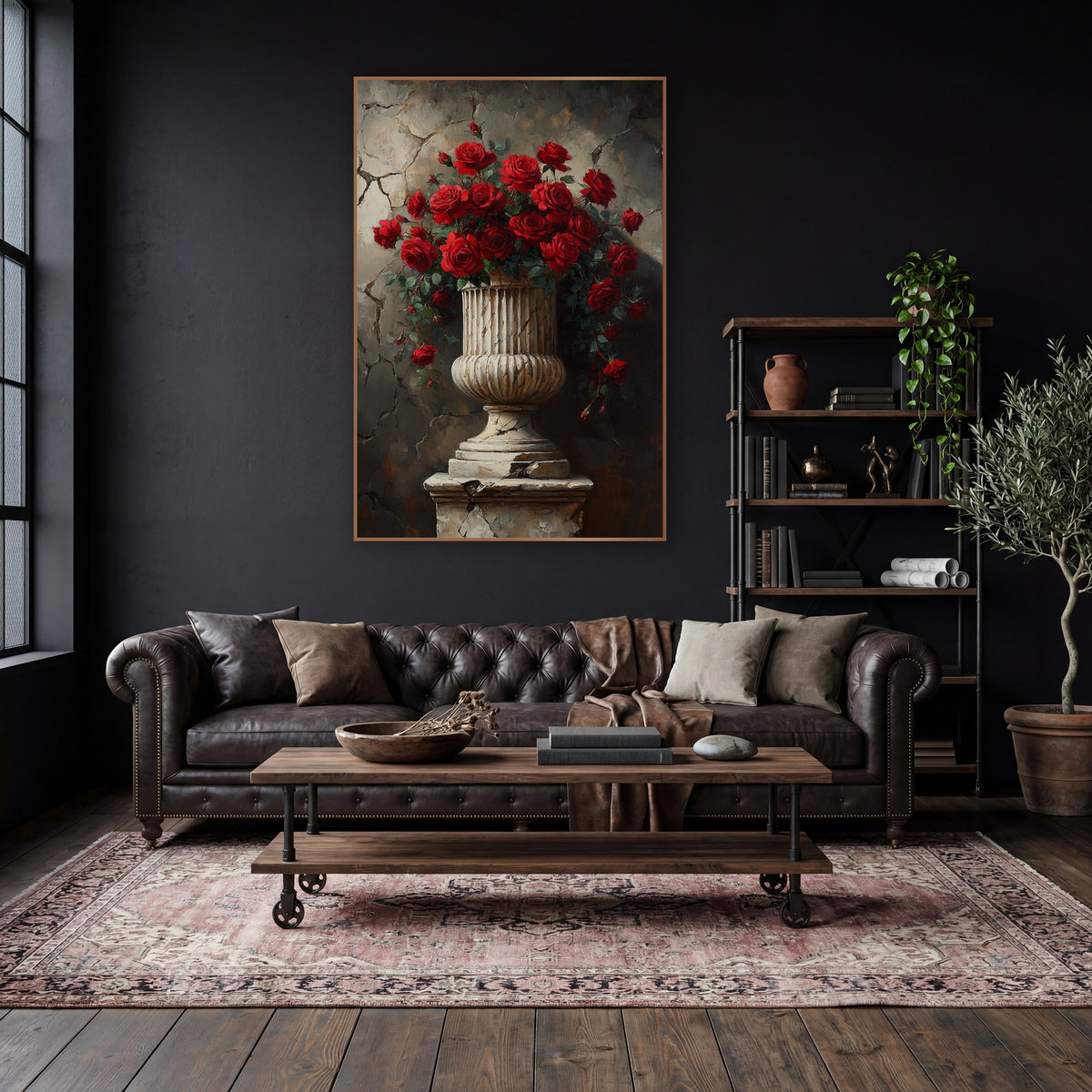 Red Roses Stone Urn Vintage wall art in a moody dark academia room – bouquet of deep red roses in a fluted cream stone