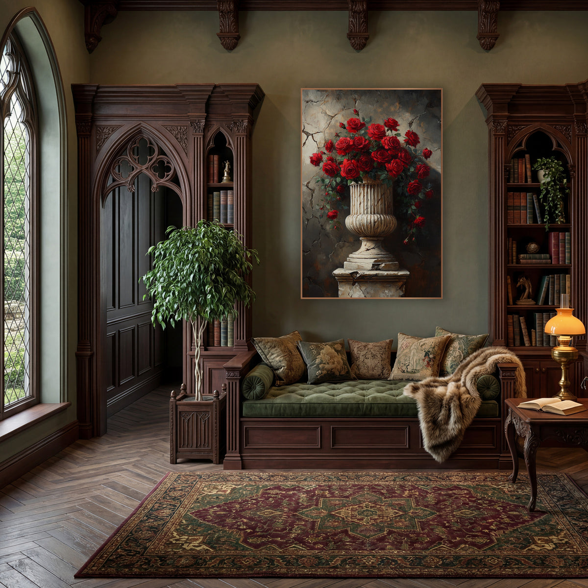 Red Roses Stone Urn Vintage wall art in a moody dark academia room – bouquet of deep red roses in a fluted cream stone