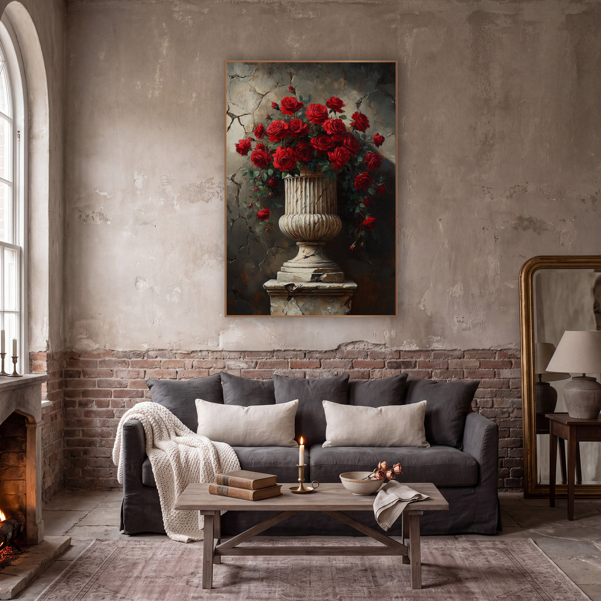 Red Roses Stone Urn Vintage wall art in a moody dark academia room – bouquet of deep red roses in a fluted cream stone