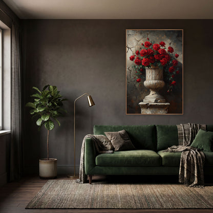 Red Roses Stone Urn Vintage wall art in a moody dark academia room – bouquet of deep red roses in a fluted cream stone