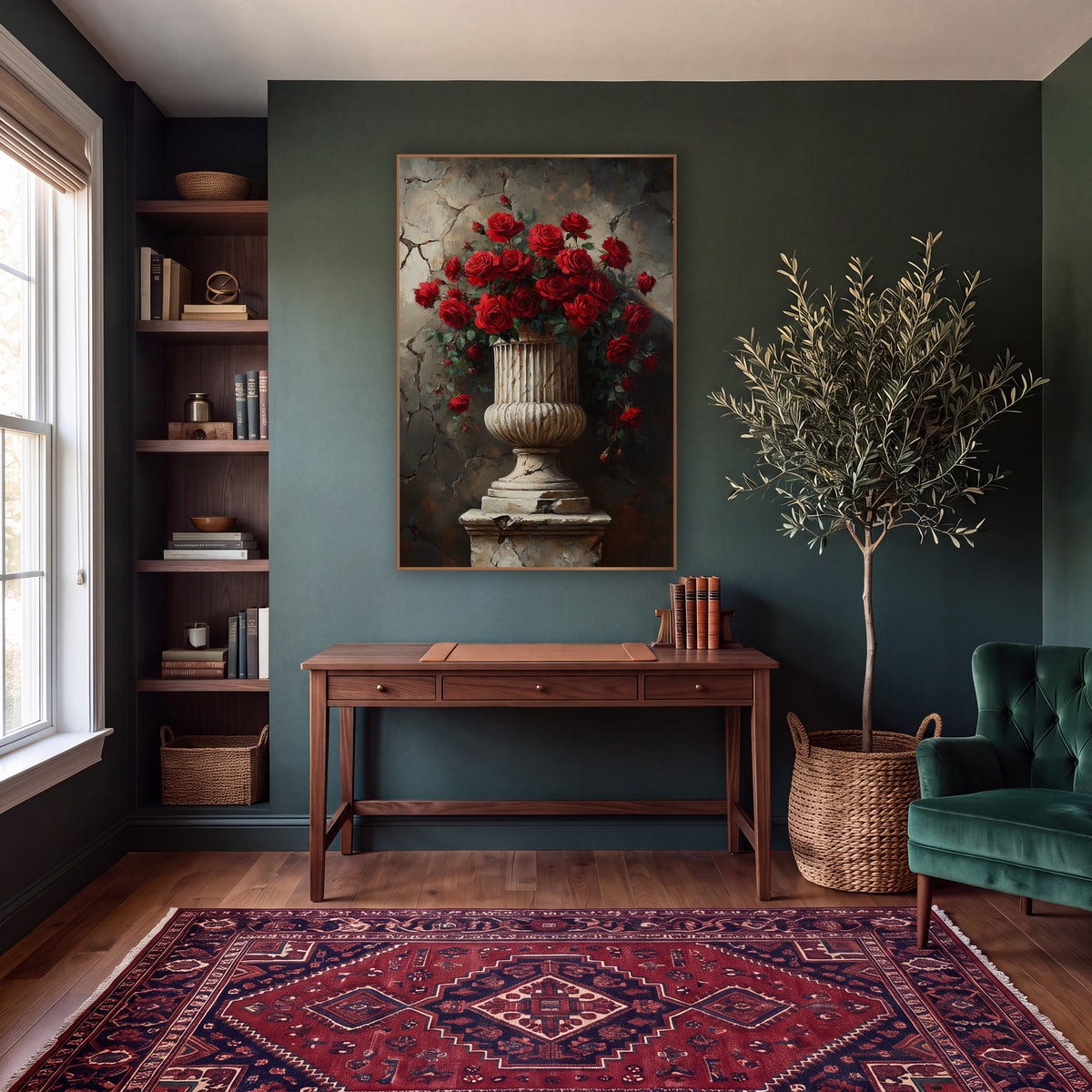 Red Roses Stone Urn Vintage wall art in a moody dark academia room – bouquet of deep red roses in a fluted cream stone