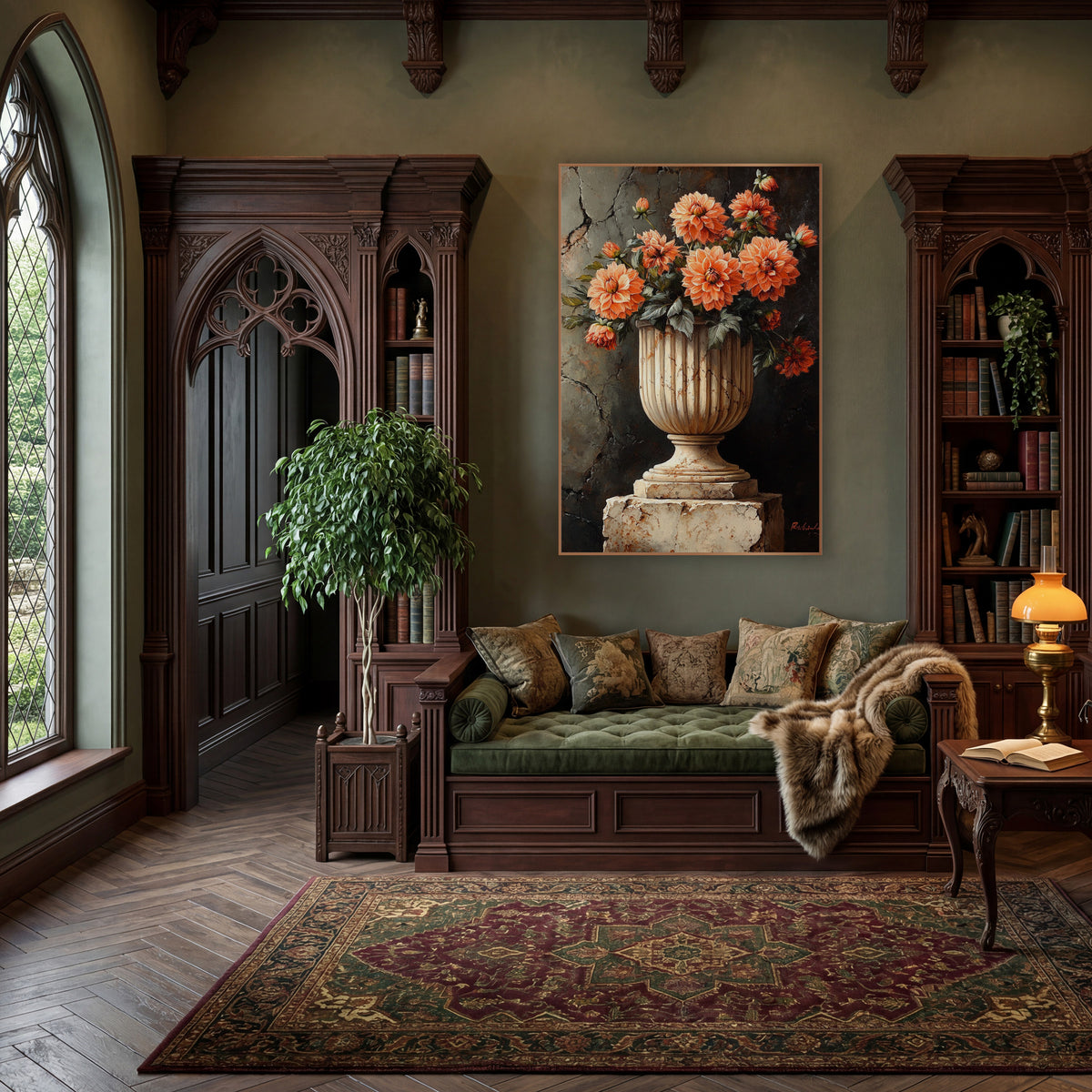 Rust Orange Dahlia Pedestal Moody wall art in a moody dark academia room – coral dahlias in a fluted cream stone urn