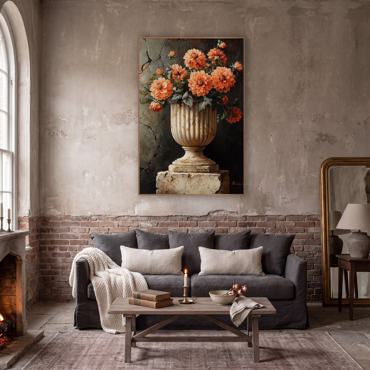 Rust Orange Dahlia Pedestal Moody wall art in a moody dark academia room – coral dahlias in a fluted cream stone urn