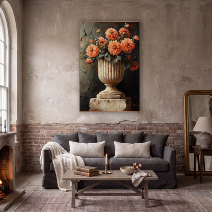 Rust Orange Dahlia Pedestal Moody wall art in a moody dark academia room – coral dahlias in a fluted cream stone urn
