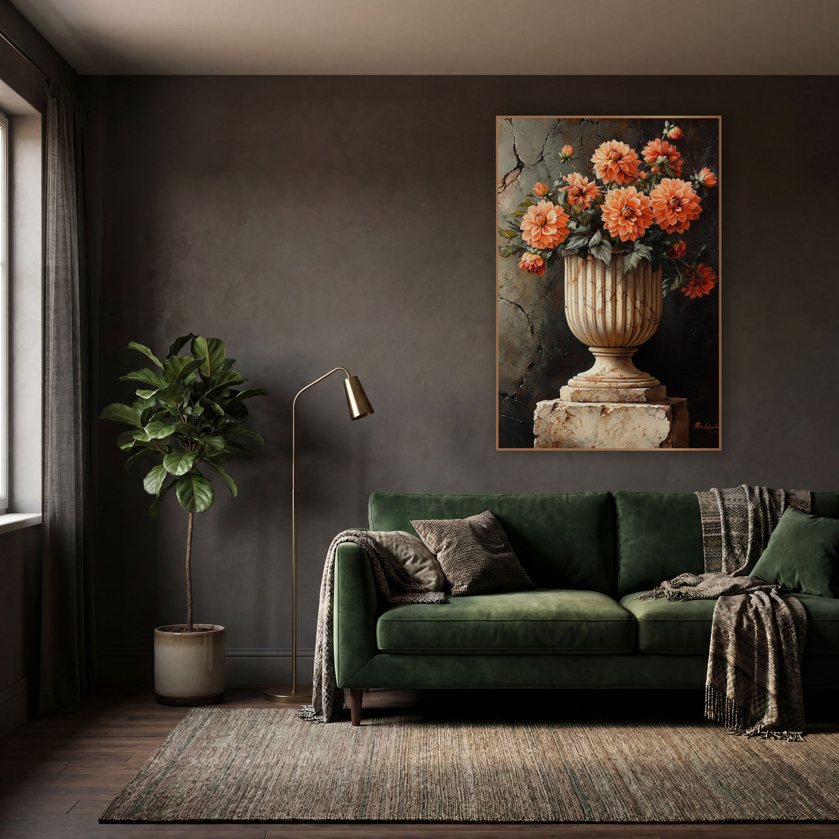 Rust Orange Dahlia Pedestal Moody wall art in a moody dark academia room – coral dahlias in a fluted cream stone urn
