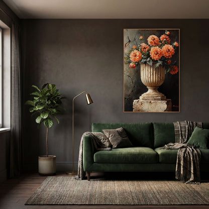 Rust Orange Dahlia Pedestal Moody wall art in a moody dark academia room – coral dahlias in a fluted cream stone urn