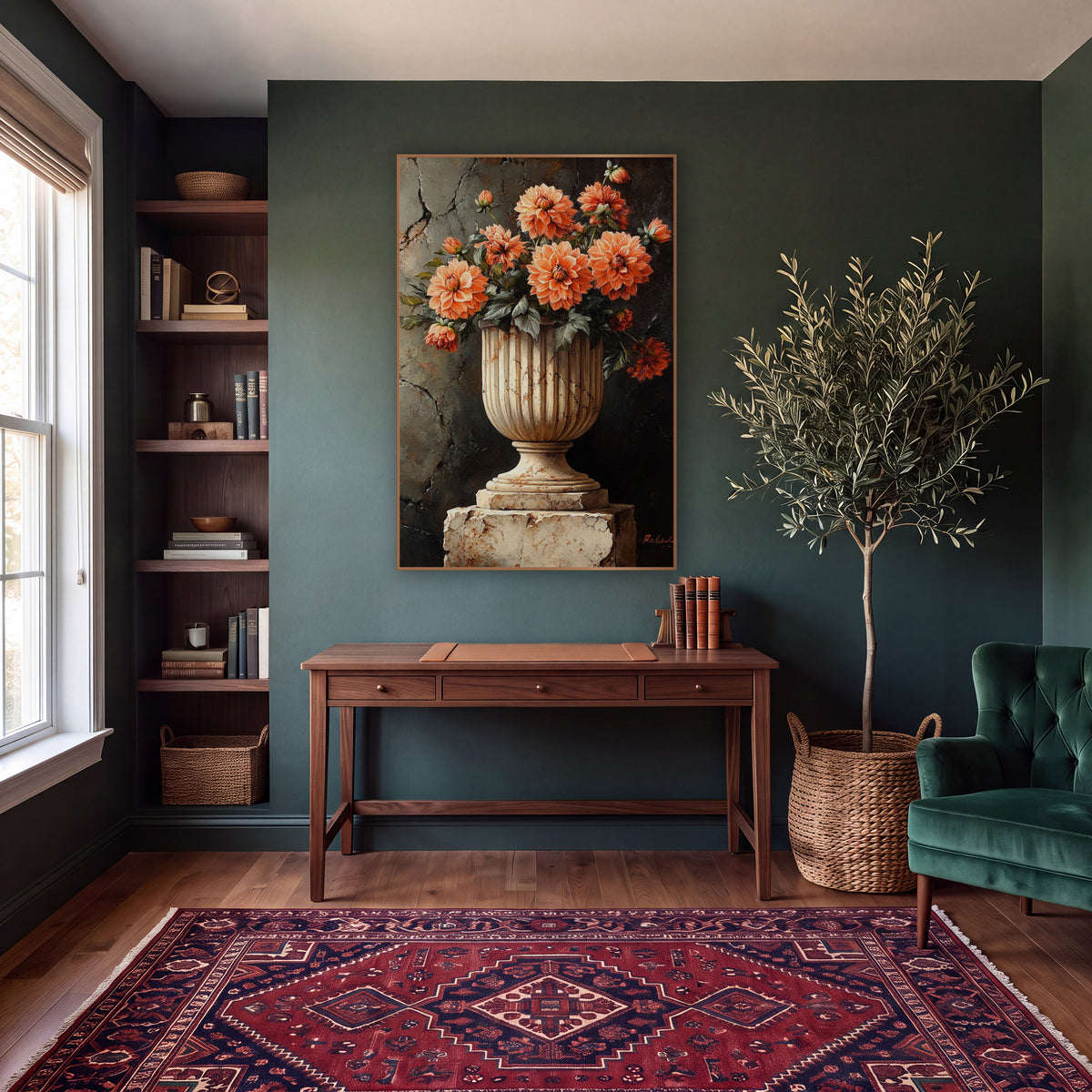 Rust Orange Dahlia Pedestal Moody wall art in a moody dark academia room – coral dahlias in a fluted cream stone urn