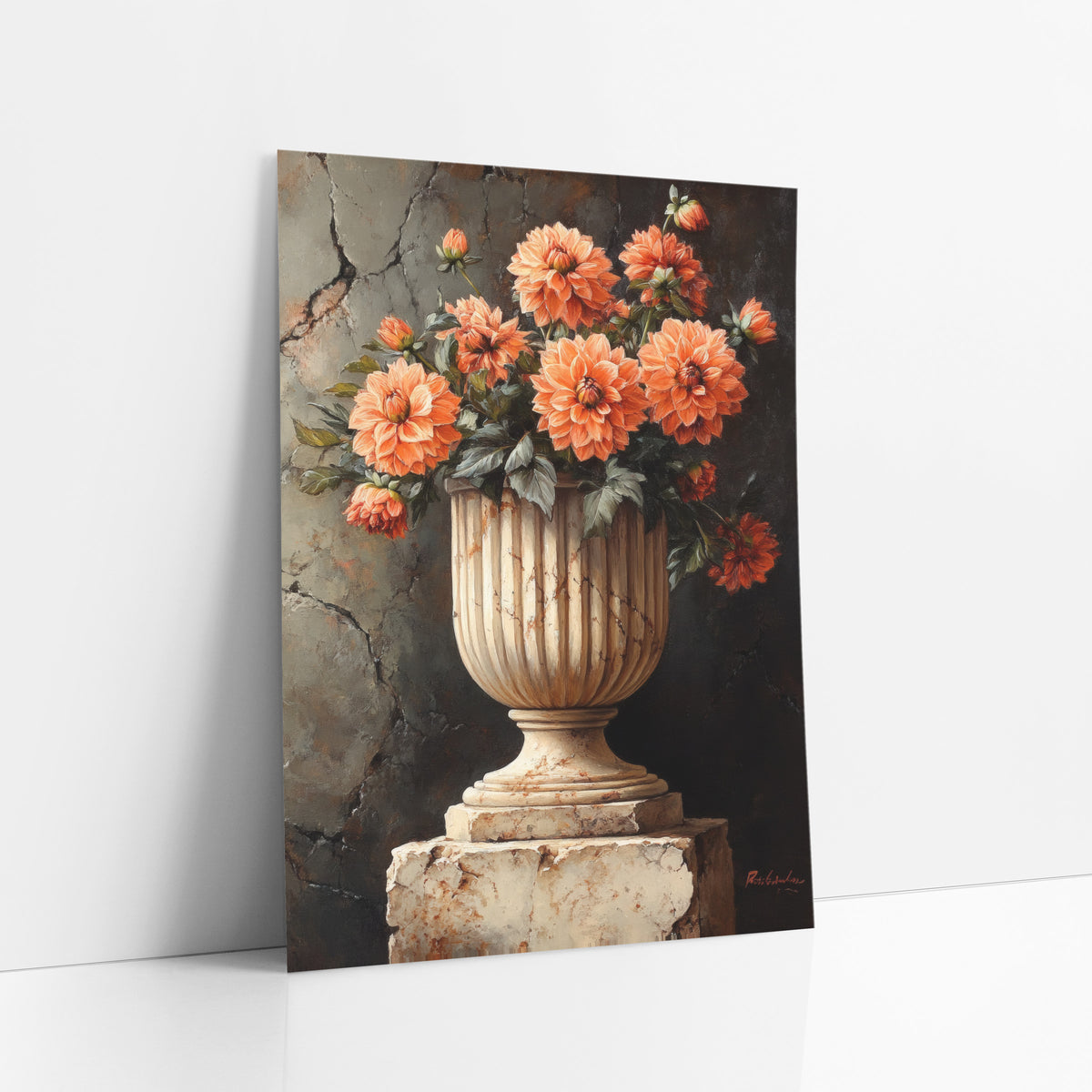 Rust Orange Dahlia Pedestal Moody art print leaning against a white wall – coral dahlias in a fluted cream stone urn