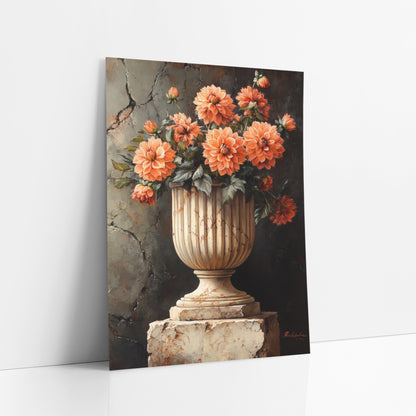 Rust Orange Dahlia Pedestal Moody art print leaning against a white wall – coral dahlias in a fluted cream stone urn