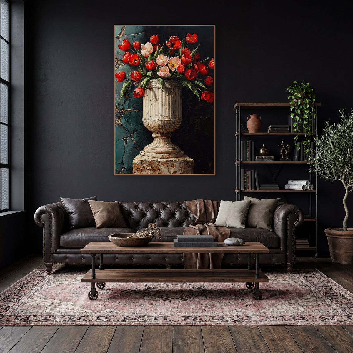 Ribbed Marble Urn Red Tulips Moody wall art in a moody dark academia room – red and blush pink tulips in a fluted