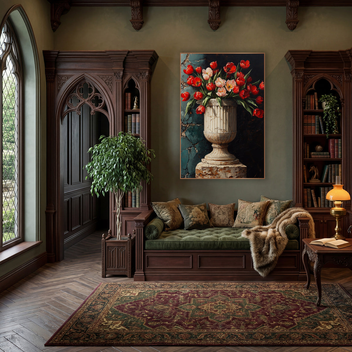 Ribbed Marble Urn Red Tulips Moody wall art in a moody dark academia room – red and blush pink tulips in a fluted