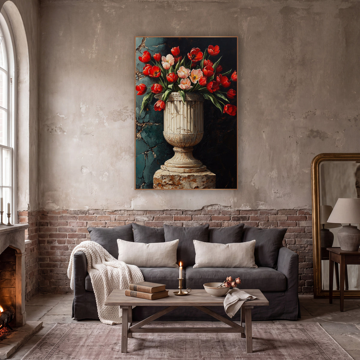 Ribbed Marble Urn Red Tulips Moody wall art in a moody dark academia room – red and blush pink tulips in a fluted