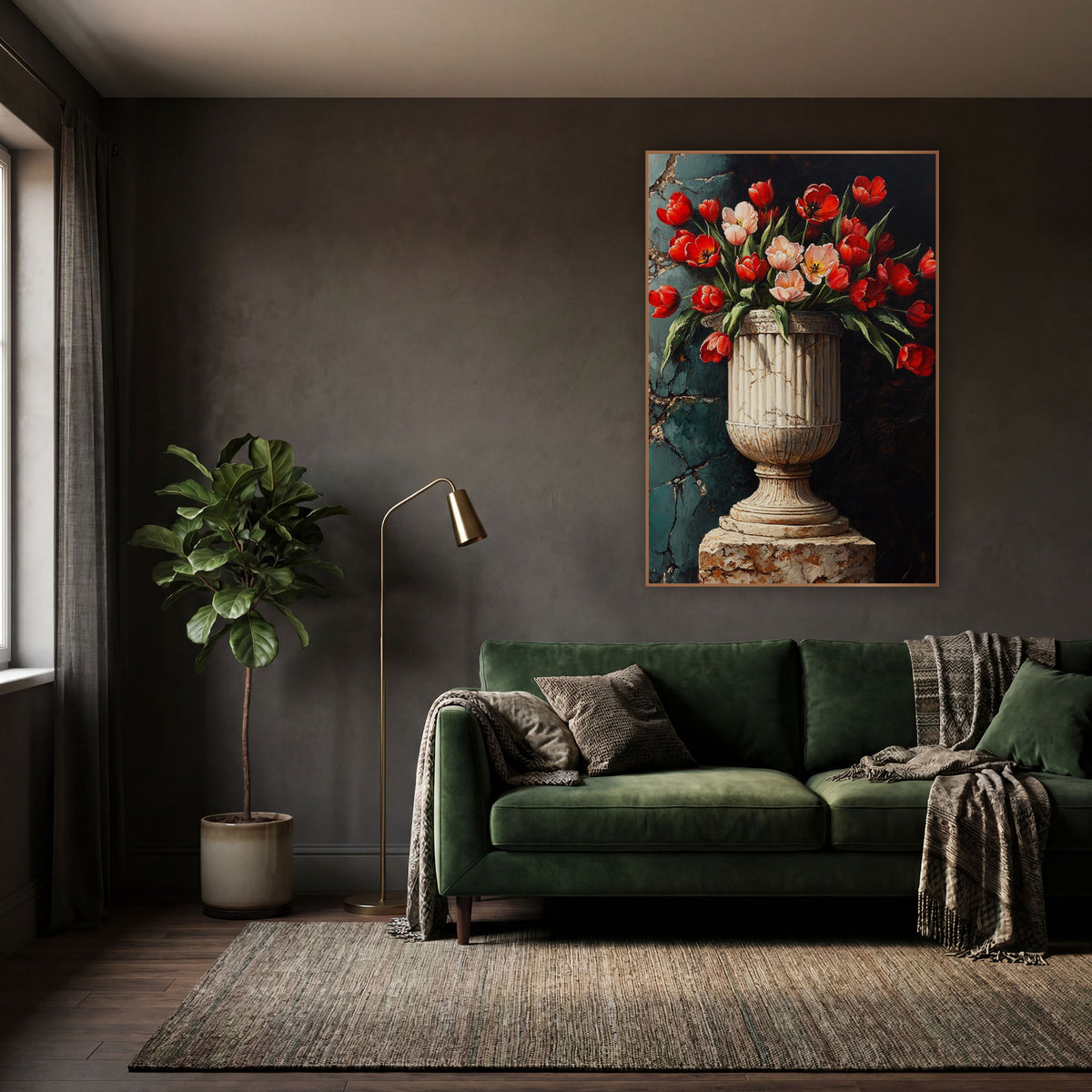 Ribbed Marble Urn Red Tulips Moody wall art in a moody dark academia room – red and blush pink tulips in a fluted