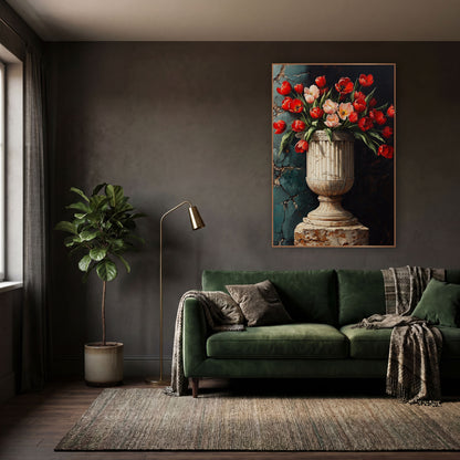 Ribbed Marble Urn Red Tulips Moody wall art in a moody dark academia room – red and blush pink tulips in a fluted