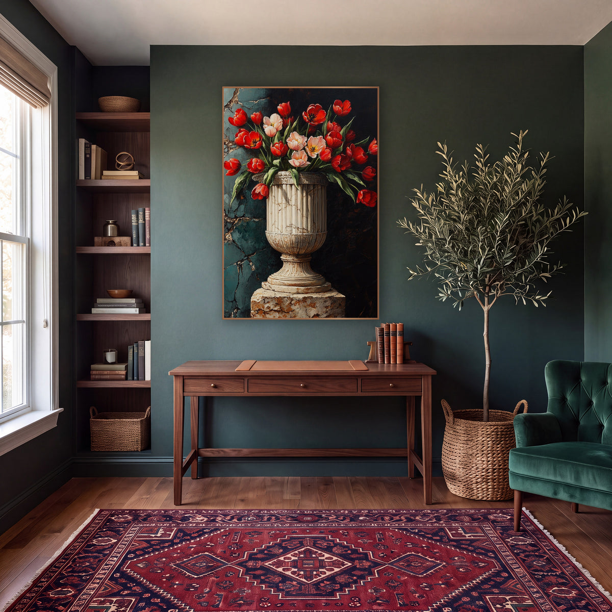 Ribbed Marble Urn Red Tulips Moody wall art in a moody dark academia room – red and blush pink tulips in a fluted
