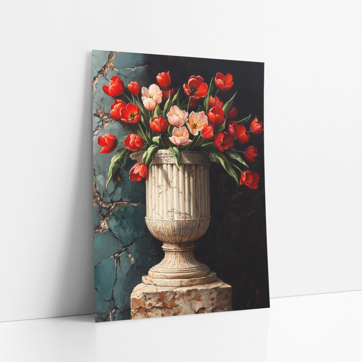 Ribbed Marble Urn Red Tulips Moody art print leaning against a white wall – red and blush pink tulips in a fluted stone urn