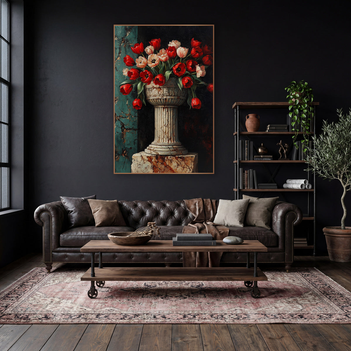 Carved Pedestal Bowl Tulips Classic wall art in a moody dark academia room – red and blush tulips in a carved stone