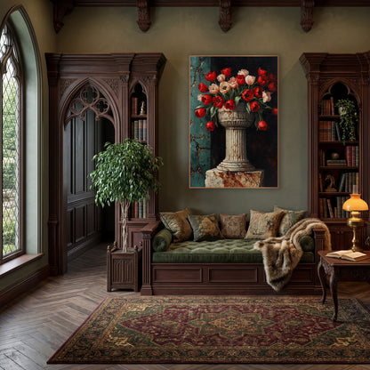 Carved Pedestal Bowl Tulips Classic wall art in a moody dark academia room – red and blush tulips in a carved stone