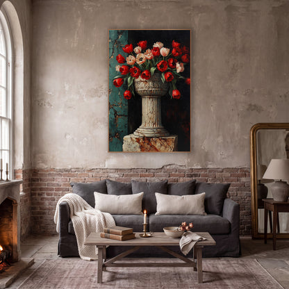 Carved Pedestal Bowl Tulips Classic wall art in a moody dark academia room – red and blush tulips in a carved stone