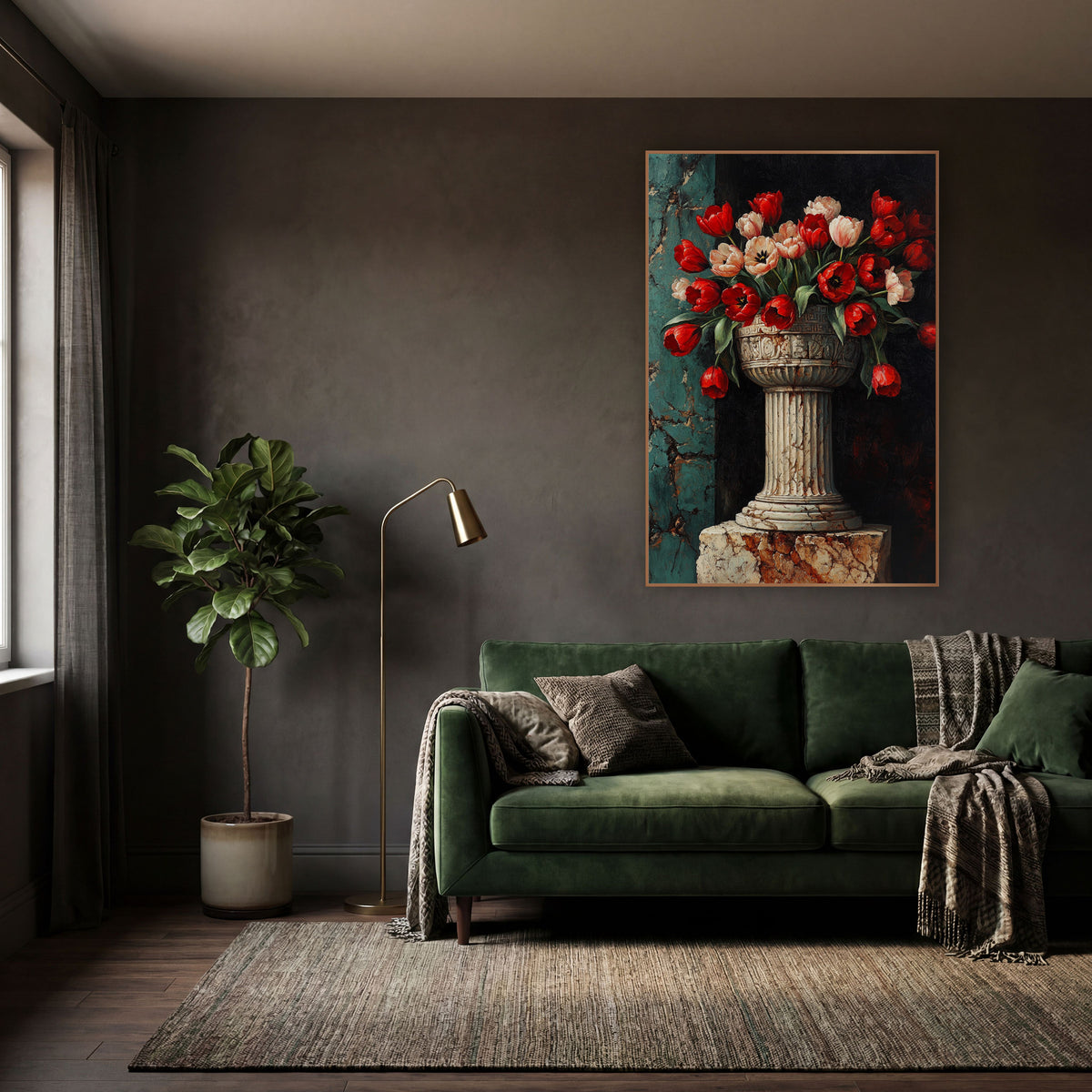Carved Pedestal Bowl Tulips Classic wall art in a moody dark academia room – red and blush tulips in a carved stone