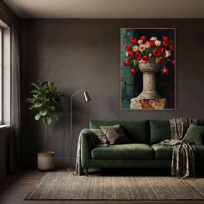 Carved Pedestal Bowl Tulips Classic wall art in a moody dark academia room – red and blush tulips in a carved stone
